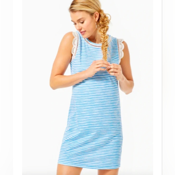 Lilly Pulitzer Dresses & Skirts - Lilly Pulitzer Blue and White Striped Sleeveless Cotton Dress with Lace Trim